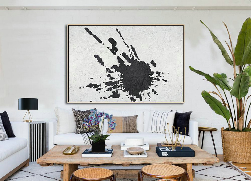 Large Living Room Decor,Oversized Horizontal Minimalist Splash Art On Canvas, Black And White Minimalist Painting - Modern Art Abstract Painting